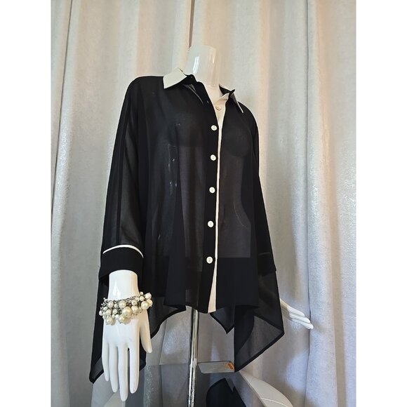 Women's Wynne Layers Black White Sheer Tuexdo Button Shirt Long Sleeve Top M - Picture 2 of 7